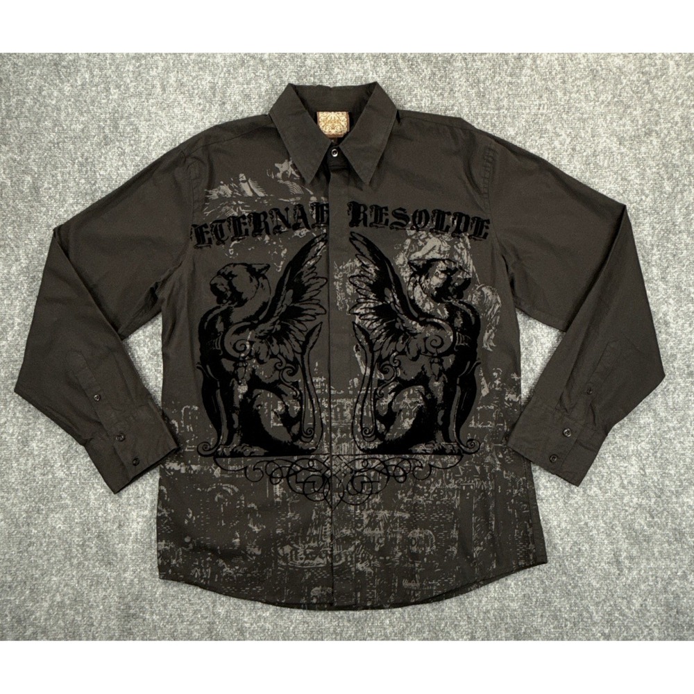 Roar Mens XL Black Dark Gray Eternal Resolve Griffin Graphic Button Down Shirt